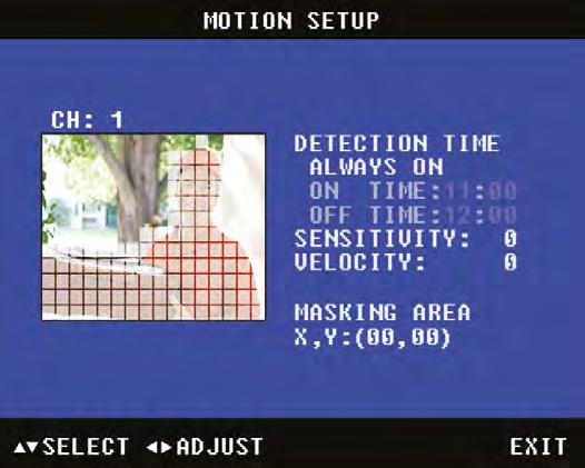 Menu System - Motion Setup Motion Setup In this menu you can configure Motion Detection for each channel. You can set the period of time you require Motion Detection to be enabled.