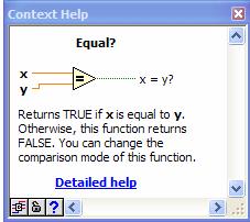 Hints for using LabVIEW Context Help (shortcut: Ctrl+h) provides information about a LabVIEW graphical element (graphical element is usually referred to as VI Virtual Instrument in LabVIEW) above