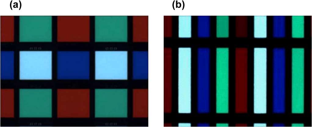 HAN et al.: DUAL-PLATE OLED DISPLAY EMBEDDED WITH WOLED 543 Fig. 5. Photographs of the emitting areas for two kinds of DOD panels with CF/OC/SiNx passivation film: (a) quad-type and (b) stripe-type.