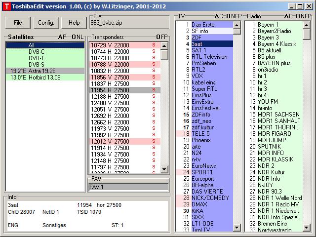 You see the TV channels (light blue background) and the radio channels (light green background) as well as a transponder list, a satellite list, a provider list and the favourite lists (FAV).