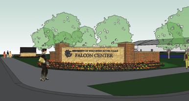 Falcon Center and the University of Wisconsin River Falls. double sided reader board site identification monuments flanking the main entrance roadway Falcon Center Entrance at Main St.