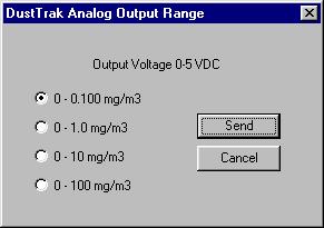 3. Select Parameters, Analog Output, from the Instrument Setup menu. The following dialog is displayed: 4. Select one of the four scaling ranges, and press Send.