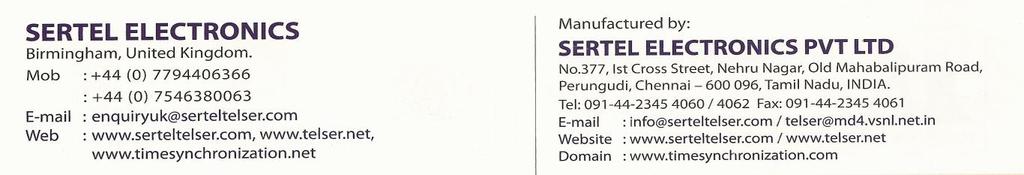 A Sertel Electronics Manual No. 377, Nehru Nagar, Chennai, Tamil Nadu 600-096 Ph: 044-23454060/61 www.