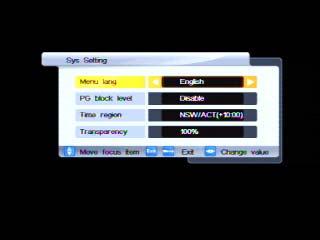 With this menu you can control the following settings: Language for the on-screen menus Level of parental guidance (All, R and above, AV and above, MA and above, M and above, PG and above and G