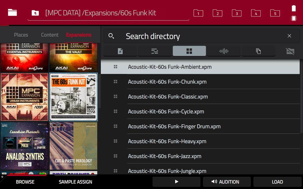 If you have AUDITION > AUTO enabled (bottom right of BROWSER screen) you can tap a program file to hear a preview of each kit before you load it.