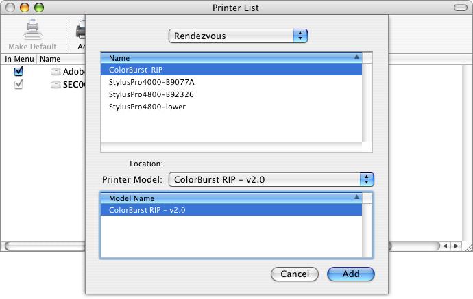 appendix c: printing to colorburst C-2 Select ColorBurst RIP - v2.0 as the Printer Model when adding a ColorBurst printer in the Mac OS X Printer Setup Utility.