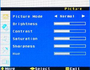 Press or key to select Picture Mode, Brightness, Contrast, Saturation,Sharpness and Hue for required adjusting option.