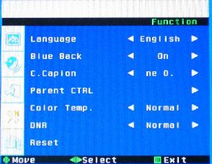 5.3 SOURCE SETTING Press <SYS MENU> key until the screen displays as below. a) Press key to access Language Blue Screen C.capion Parent CTRL Color temp ONR Reset menu setting.
