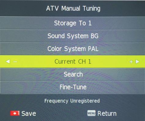 Channel Menu Antenna - ATV Manual Tuning This is used to manually tune analogue television channels.