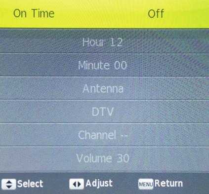 Time Menu On Time This allows you to set a time to automatically turn your television ON.