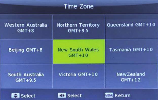 Time Menu Time Zone This allows you to set the time zone on your television. From the Time Menu, use the Time Zone sub-menu.