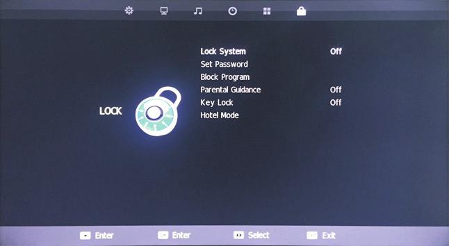 Lock Menu Press MENU button to display the Main Menu. Use the buttons select Lock, then press ENTER or to enter. 1. Press buttons to select the option that you want to adjust in the Lock Menu. 2.