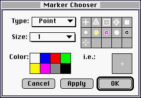 Video Point Manual Page 37 Figure 3-28: The Marker Chooser Dialog Box which allows users change the size color, shape and type of marker displayed on the screen for each video point in a series.