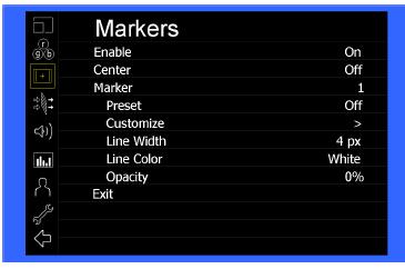 4.3 Markers Configuration Submenu ITEMS OPTIONS Markers Configuration Enable Center Marker 1, 2 Marker Preset Off, 4:3, 13:9, 14:9, 16:9, 1.85:1, 2.35:1, 2.