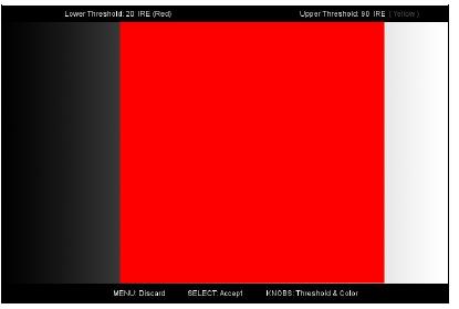 The Lower Threshold in the image above has been set to 20 IRE (Red) which means that any part of the image UNDER 20 IRE will be shown in RED.