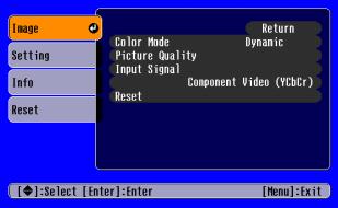 Configuration Menus 36 Function list Image menu When no signal is being input, only the settings for Auto Setup and Input Signal can be adjusted.