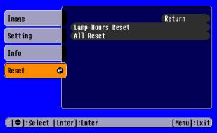 Configuration Menus 42 Reset menu Sub menu Lamp-Hours Reset All Reset Function Resets the lamp operating time.