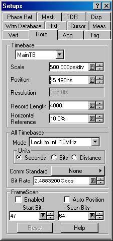 a. Press the HORZONTAL MENU button. b. Select the MainTB in Timebase field. c. Set the Scale to 500.0 ps/div. Figure 26 Horizontal Setups Window d. Go to step 6 in page 21. 5. If 4.