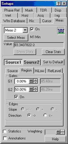 Figure 37 Set Meas1 to Max e. Right-click Min in the measurement area at the left side of the screen to display the Setup dialog box fo