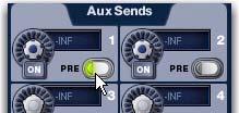 Each channel can be sent to an Aux or Var Group either pre- or post-fader. Pre-fade offers several choices of pickoff.