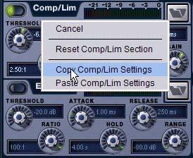 Dynamics Settings and Presets Built-in Dynamics settings can be copied and pasted between channels. Settings can also be stored, loaded, and transferred as dynamics Presets.