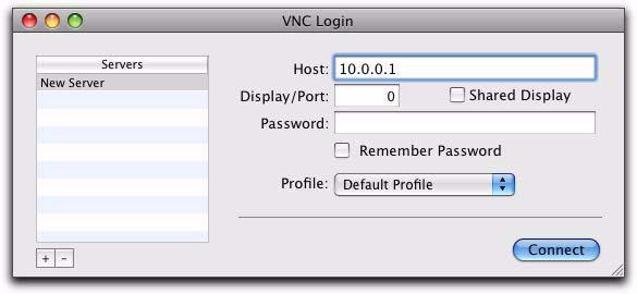 To enable remote operation with a Mac client computer: 1 Double-click the Chicken of the VNC icon to launch the application. 2 Enter the IP address of the ECx host (your VENUE system).