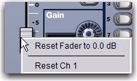 Fader and Encoder Shortcuts The on-screen channel faders and encoders provide the following right-click shortcuts to reset individual parameters and channel strips.