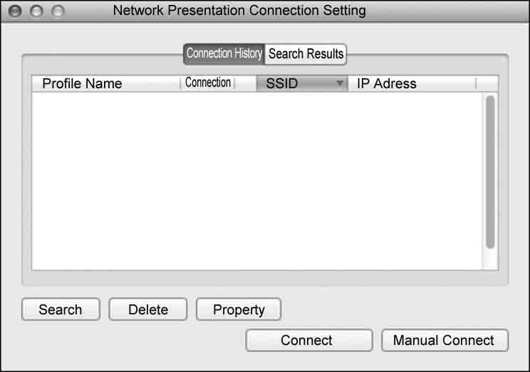 Projecting an Image After starting Projector Station for Network Presentation, the connection setting window appears. 1 Find projectors connected to the network.