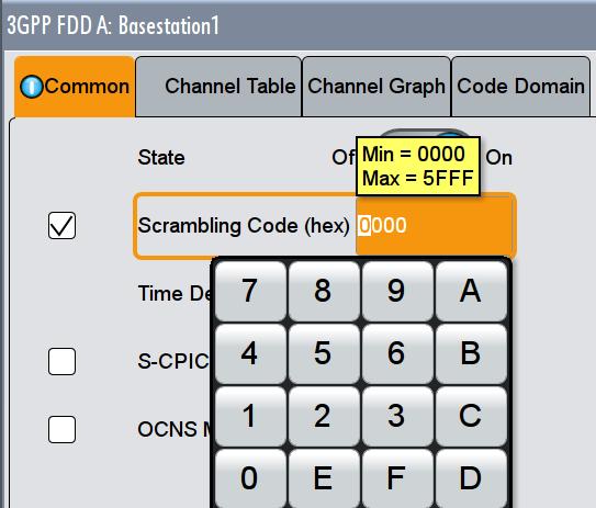 Fig. 3-9: SMW: select W-CDMA Test Model from the list. 5. Click on BS1 (default) 6. Set the Scrambling Code Fig. 3-10: SMW: set the Scrambling Code 7.