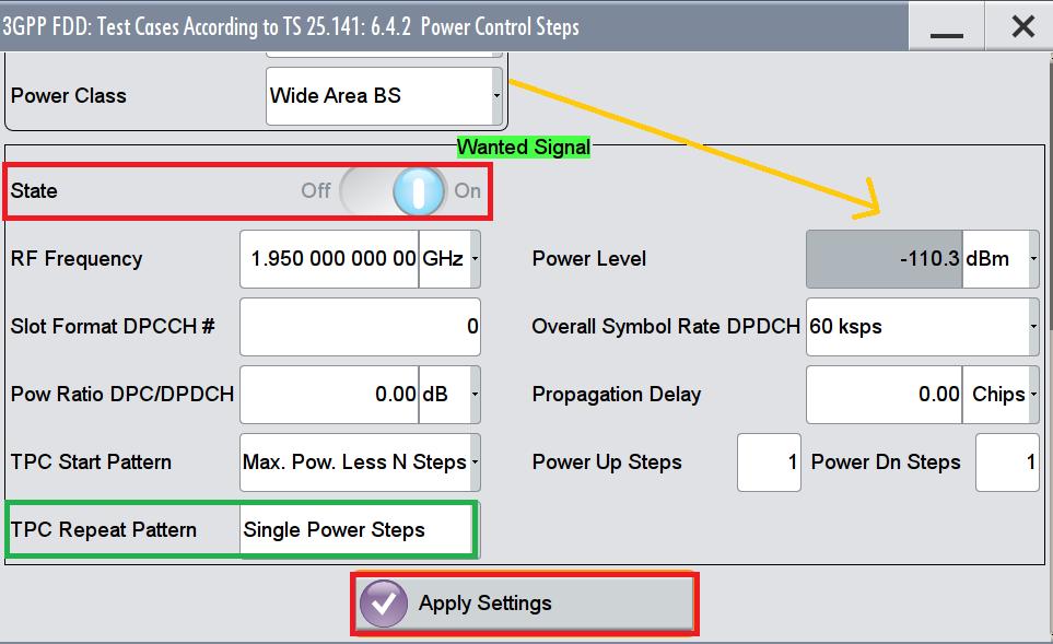 Fig. 3-40: SMW: The uplink power level is set based on the Power Class. Set the TPC Repeat Pattern. Measurement with the FSx 1.