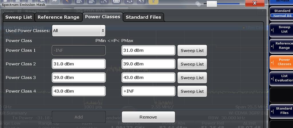 3. Press Power Class and select the employed power class. Please refer to TS25.141, clause 6.5.2.1.5 for further details on power class. Fig.