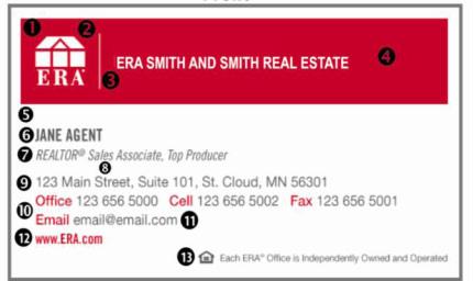 ERA Business Card Design Specifications Ribbon Business Card Front (Figure 24) Ribbon Business Card Front (Figure 24) Font Size Leading Color 1 Red Ribbon The red ribbon is 3.3125 inches wide and 0.