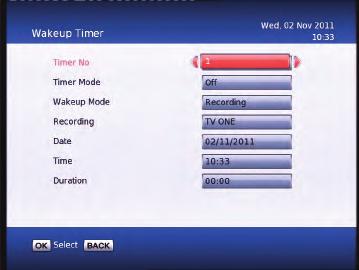 Main Menu - System Configuration - Wakeup Timer/Version Wakeup Timer You can set a service to be recorded at a specific time.