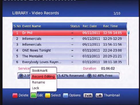 Editing Recordings To enter the Record Edit window select your recording from the Library or Thumbnail Browser, then push the Green button on your remote then the OK button.