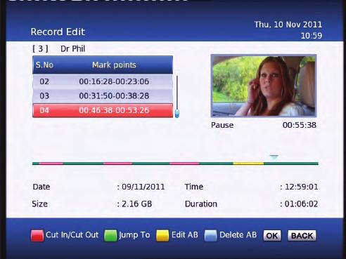 In the record edit window your recording will play in the top right of the screen, you can use all your normal play, fast forward, rewind, pause functions to get to where you want to edit.