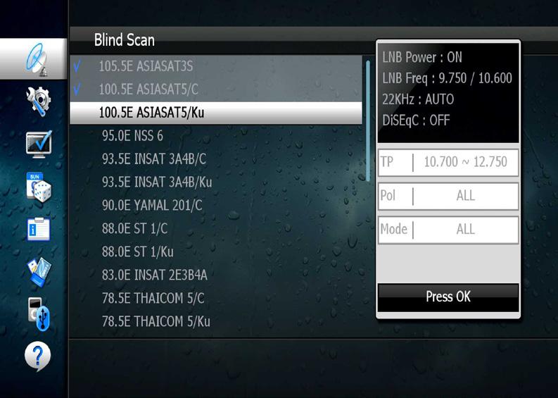 English 6.1 Getting Started Blind Scan <Figure 6.1.10> 1. Select the satellites you want to search by pressing the OK button on the remote. 2. Press, to set the Polarization and Scan Mode options.