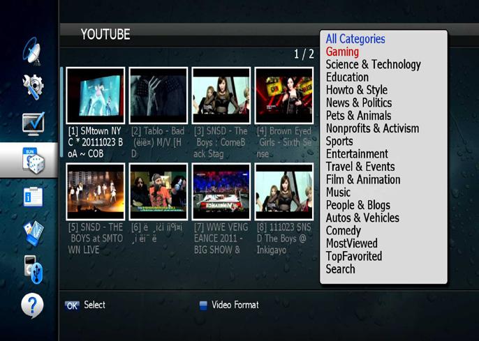 6.5 Entertainment ➊ YOUTUBE 1. : To select Youtube movie. 2. OK: To play movie. Option: To search by Category.