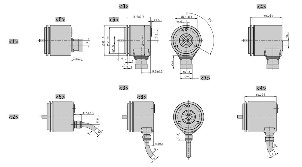 DIMENSIONED DRAWINGS Synchro flange "S" <> <2> <3> <4> <5> <6> <7> Connection M23 (Conin) Connection cable Interface: BiSS, SSI, ST-Parallel Interface: MT-Parallel (only with cable), Fieldbus, SSI-P