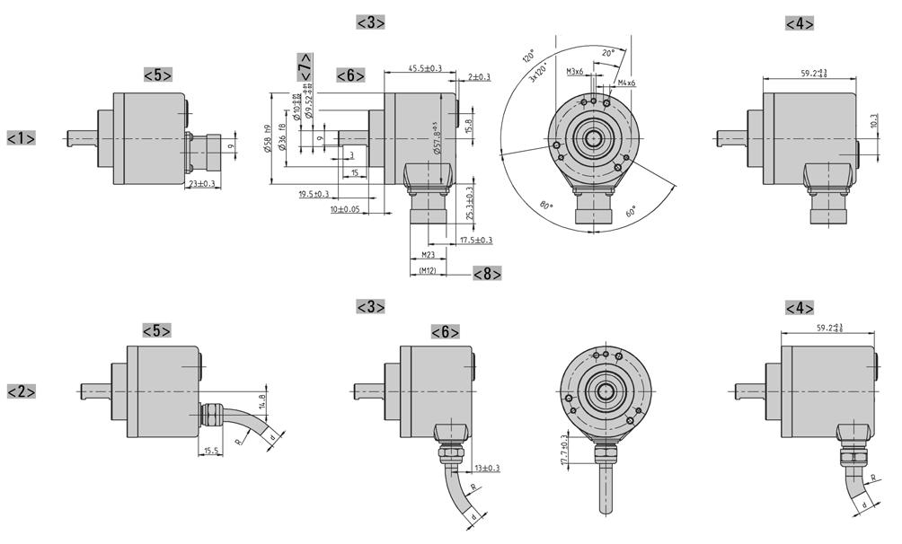 DIMENSIONED DRAWINGS (continued) Clamping flange "K" <> <2> <3> <4> <5> <6> <7> Connection M23 (Conin) Connection cable Interface: BiSS, SSI, ST-Parallel Interface: MT-Parallel (only with cable),
