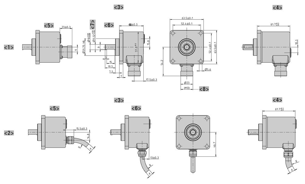 DIMENSIONED DRAWINGS (continued) Square flange "Q" <> <2> <3> <4> <5> <6> <7> Connection M23 (Conin) Connection cable Interface: BiSS, SSI, ST-Parallel Interface: MT-Parallel (only with cable),