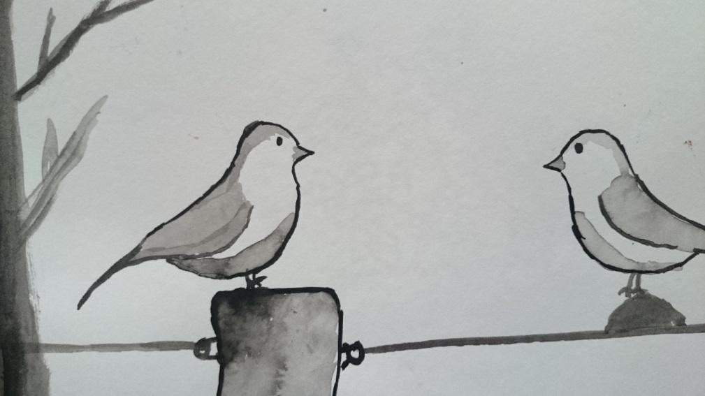 svojo smer. Linije so spontane in lahkotne. Na pticah je zaznati občutek globine, kar je nakazano s senco. Prav tako na veji, kjer sedita. Slika 3: Učenka U 63 upodobi motiv ptice na drevesu.