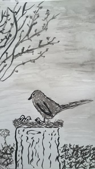 Slika 5: Delo učenca U 51 Slika 6: Delo učenca U 92 Slika 5: Učenec U 51 na likovnem delu upodobi ptico in njene mladičke na ustvarjalen in izviren način. Postavi jih v ospredje na štor drevesa.
