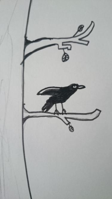 Ptico obrne stran od gledalca, s čimer vnese v svojo likovno delo dinamiko pripovedovanja. Linija je sigurna, uporaba likovne tehnike je dobra, ker gradi risbo s pomočjo likovnih prvin.