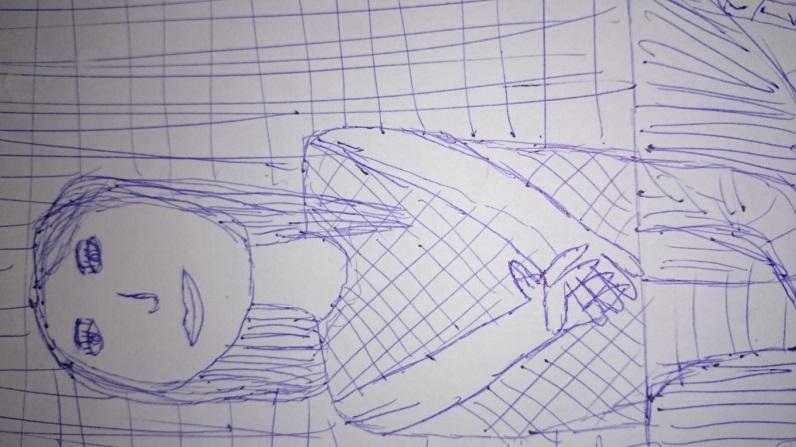 Slika 54: Učenka U 43 je v svoji risbi ujela značaj učiteljice. Zaznala je podrobnosti oblačil in z nizanjem črt ustvarila prostor. Oči, nos in usta je narisala po šabloni.