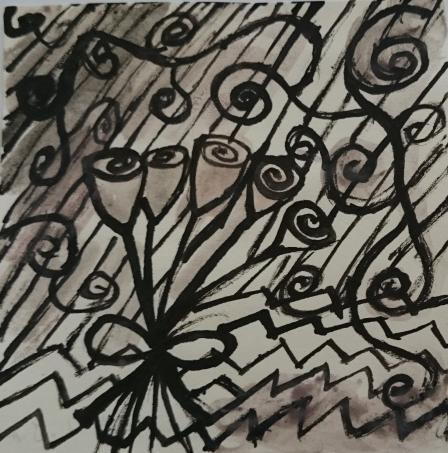 Slika 102: Delo učenke U 12 Slika 100: Učenec U 34 je na ustvarjalen način upodobil motiv cvetja, pri katerem je s črtno