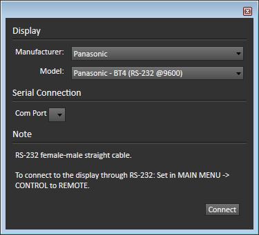 Session Setup - LUT Device Setup 1. On the Session Setup page, click the Find 3D LUT Device button. 2. On the Find Display dialog (Figure 2), under Manufacturer, select Panasonic. 3. Under Model, select Panasonic - BT4 (RS-232 @9600).