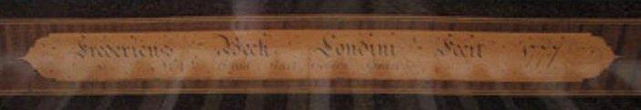 Photo by James Park. Plate 430 Square piano by Frederick Beck (fl. ca 1756 ca 1798) (London, 1777): nameboard inscription.