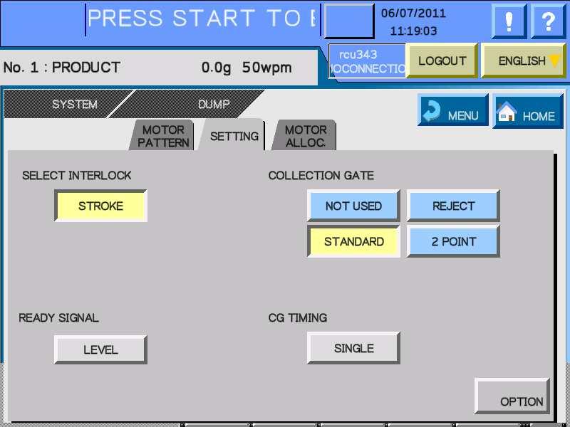 INTERLOCK MODE SELECTION Select, by touching a pad for Interlock Selection, one of the following modes of interlock with the packaging machine.