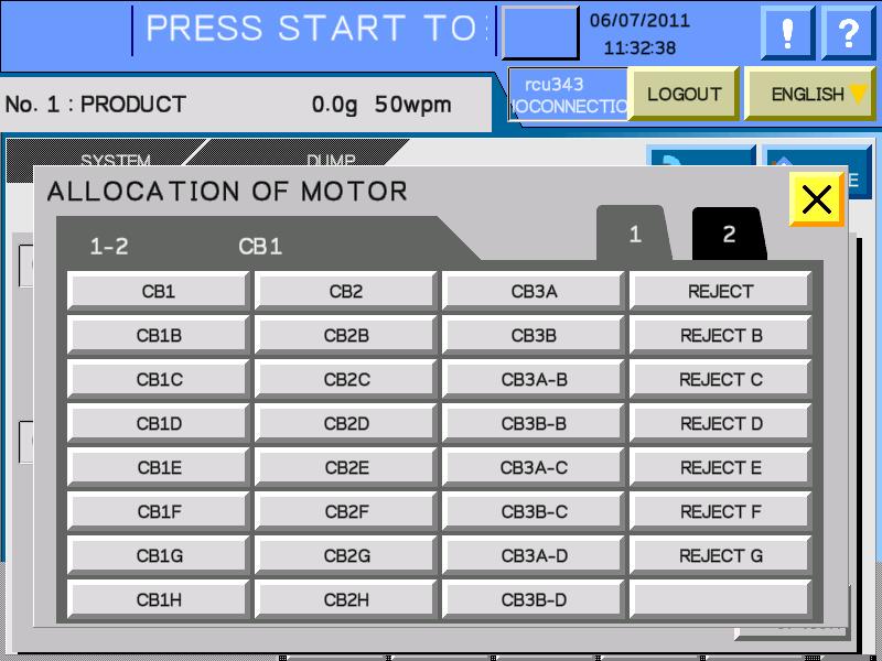 7 ENGINEERING MODE (LEVEL 4) DUMP MOTOR ALLOCATION SETTING Touch the "MOTOR ALLOC" pad in the dump device setting screen. The motor allocation setting for the dump devices screen will be displayed.