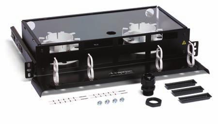 The shelves can also be used as splice units to store up to 96 Single Fusion Splices, 72 Mechanical Splices or 36 Mass Fusion Splices with the addition of the appropiate splice holders.